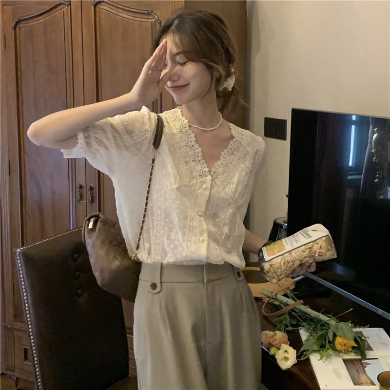 Áo sơ mi SUXI tay ngắn cổ chữ V dáng rộng đơn giản thời trang mùa hè cho nữ