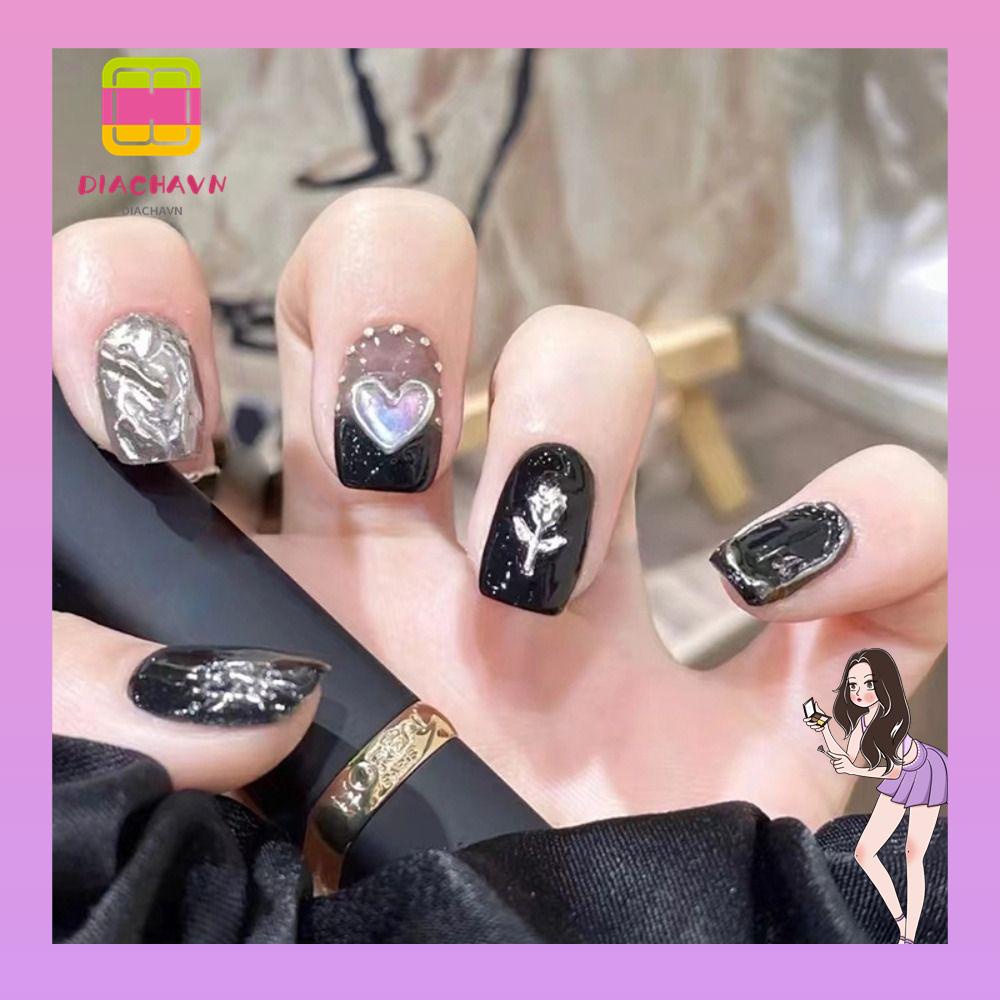 Set 24 Móng Tay Giả Có Thể Tháo Rời Hình Vuông / Trái Tim / Hoa Xinh Xắn