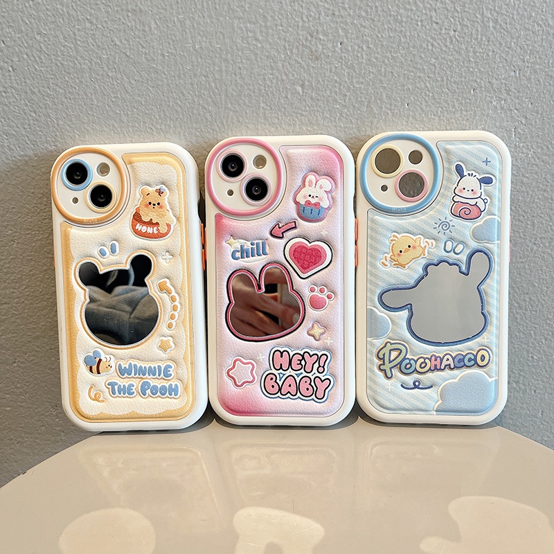 Ốp Điện Thoại Da Silicon Mềm Chống Sốc Gắn Gương Hình Gấu / Thỏ Cho iPhone 14 13 12 11 Pro Max 14 Plus