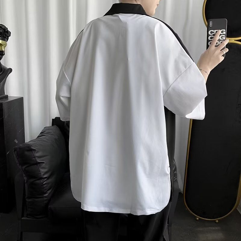 Áo Sơ Mi Tay Ngắn Dáng Rộng Vải Lụa Lạnh Cỡ Lớn Phối Màu Đen Trắng Cá Tính Cho Nam