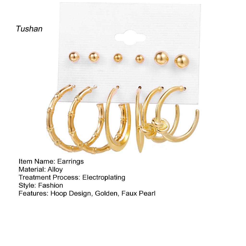 Set 6 Đôi Bông Tai Khoen Tròn Đính Ngọc Trai Giả Thời Trang Cho Nữ