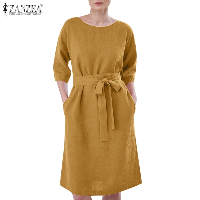 Đầm Nữ Tay Lửng Cổ Tròn Màu Trơn Phong Cách Vintage ZANZEA