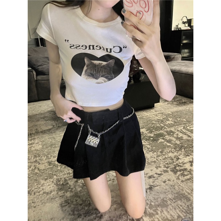Áo baby tee Thun croptop nữ Tay Ngắn Hở Vai Dáng Ôm In Hình Mèo Màu Trắng Thời Trang Mùa Hè Dành Cho Bạn Nữ