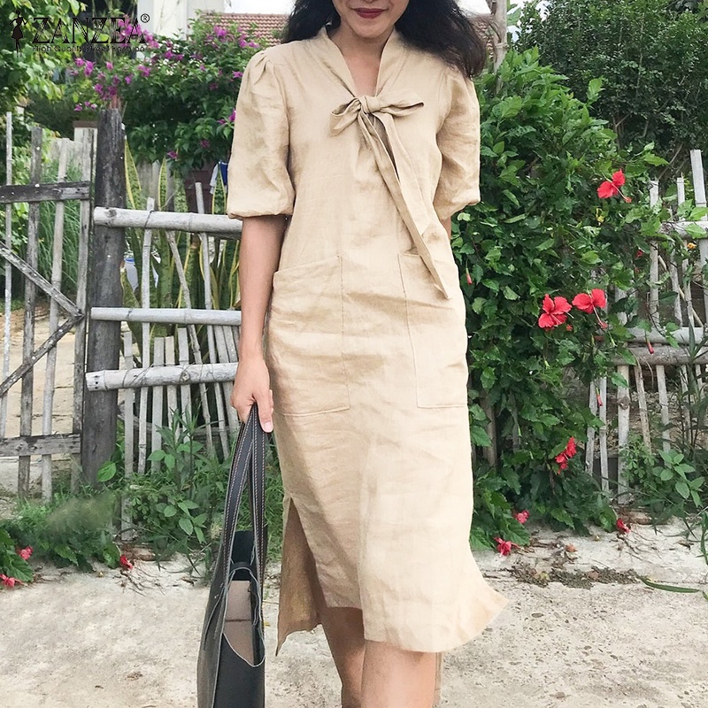 ZANZEA Đầm Nữ Tay Lửng Cổ Chữ V Thắt Dây Thời Trang Hàn Quốc
