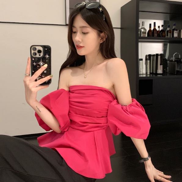 Cozok Áo Sơ Mi Tay Phồng Ngắn Xếp Ly Một Bên Vai Ôm Dáng Kiểu Vintage