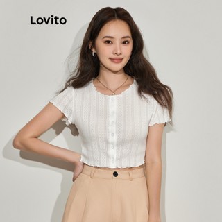 Áo thun LOVITO nút cài trước cổ tròn tay ngắn màu trơn thường ngày dành cho nữ L45ED007 (màu trắng)
