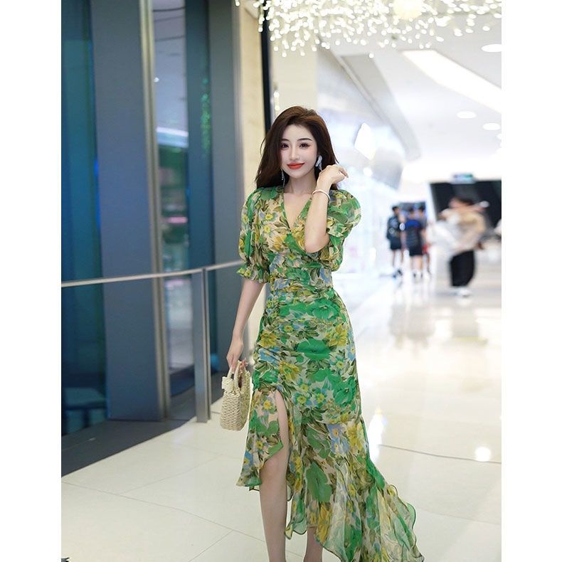 Đầm Mùa Hè 2023 Eo Hẹp Cao In Họa Tiết Màu Xanh Lá Đậm Sang Trọng Thời Trang Cao Cấp