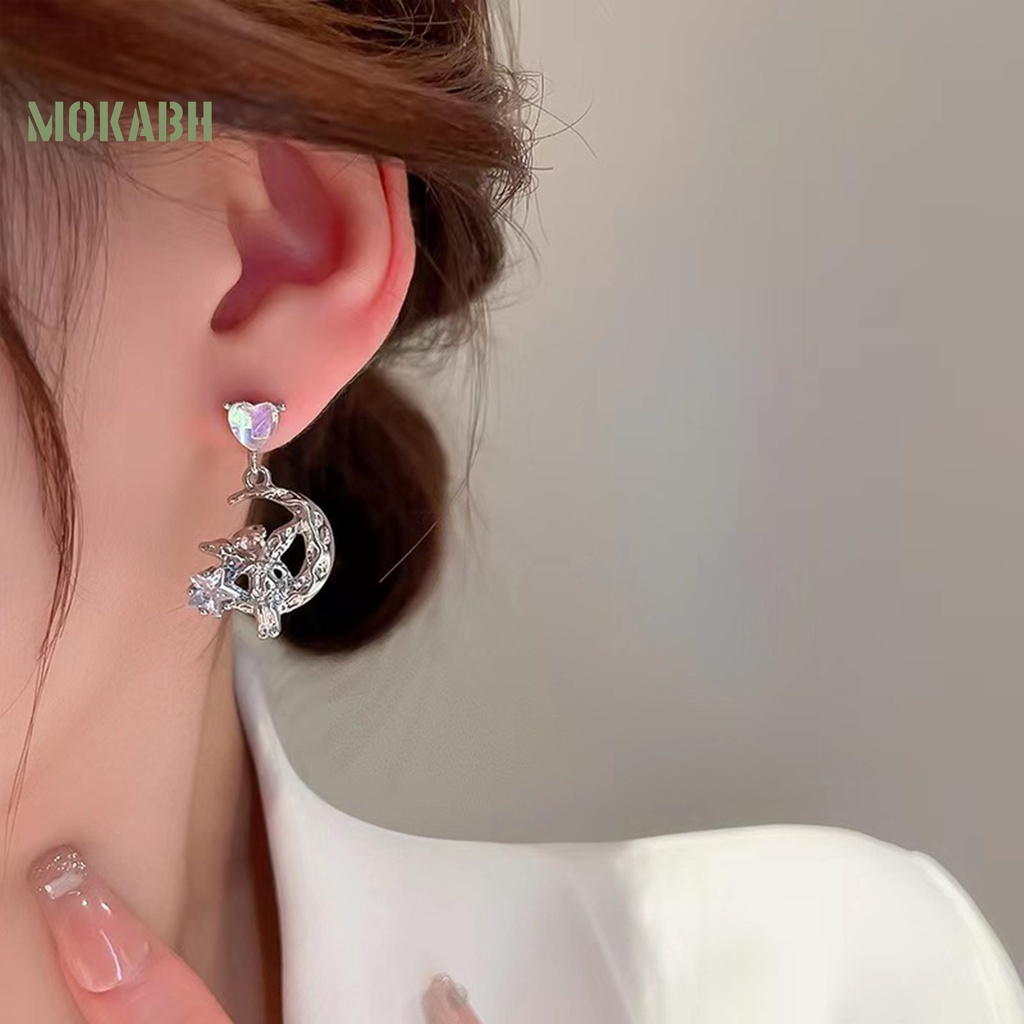 1 Đôi Bông Tai Hình Trái Tim Đính Đá Mặt Trăng Ngôi Sao Không Gây Dị Ứng Thời Trang