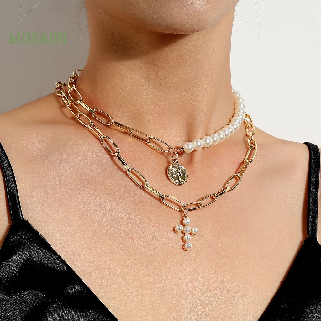 Vòng cổ Hai Lớp Đính Ngọc Trai Nhân Tạo Dây Hình Thánh Giá Có Thể Điều Chỉnh