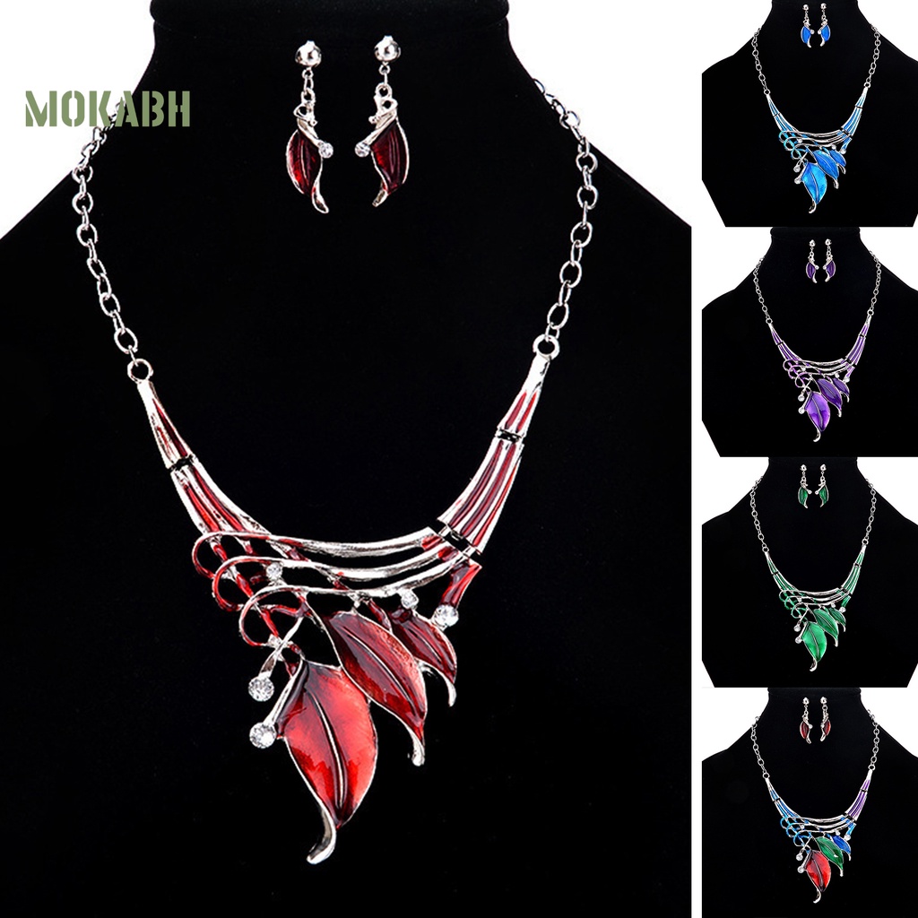 1 Bộ Vòng cổ + Bông Tai Nhiều Lớp Hình Chiếc Lá Tráng Men Thời Trang