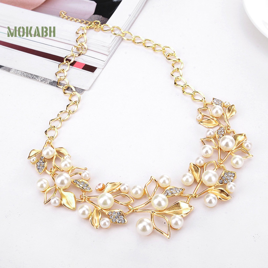 1 Bộ Vòng cổ + Bông Tai Hình Chiếc Lá Đính Đá &amp; Ngọc Trai Giả Sang Trọng