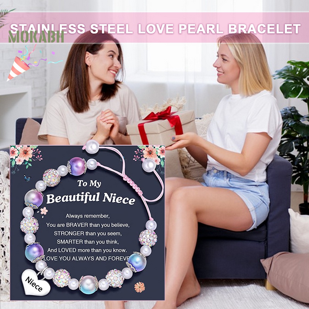 [Mới] Vòng Tay Dây Tua Rua Dài Đính Đá Ngọc Trai Giả Màu Tương Phản Chữ Chạm Khắc Lấp Lánh Có Thể Điều Chỉnh