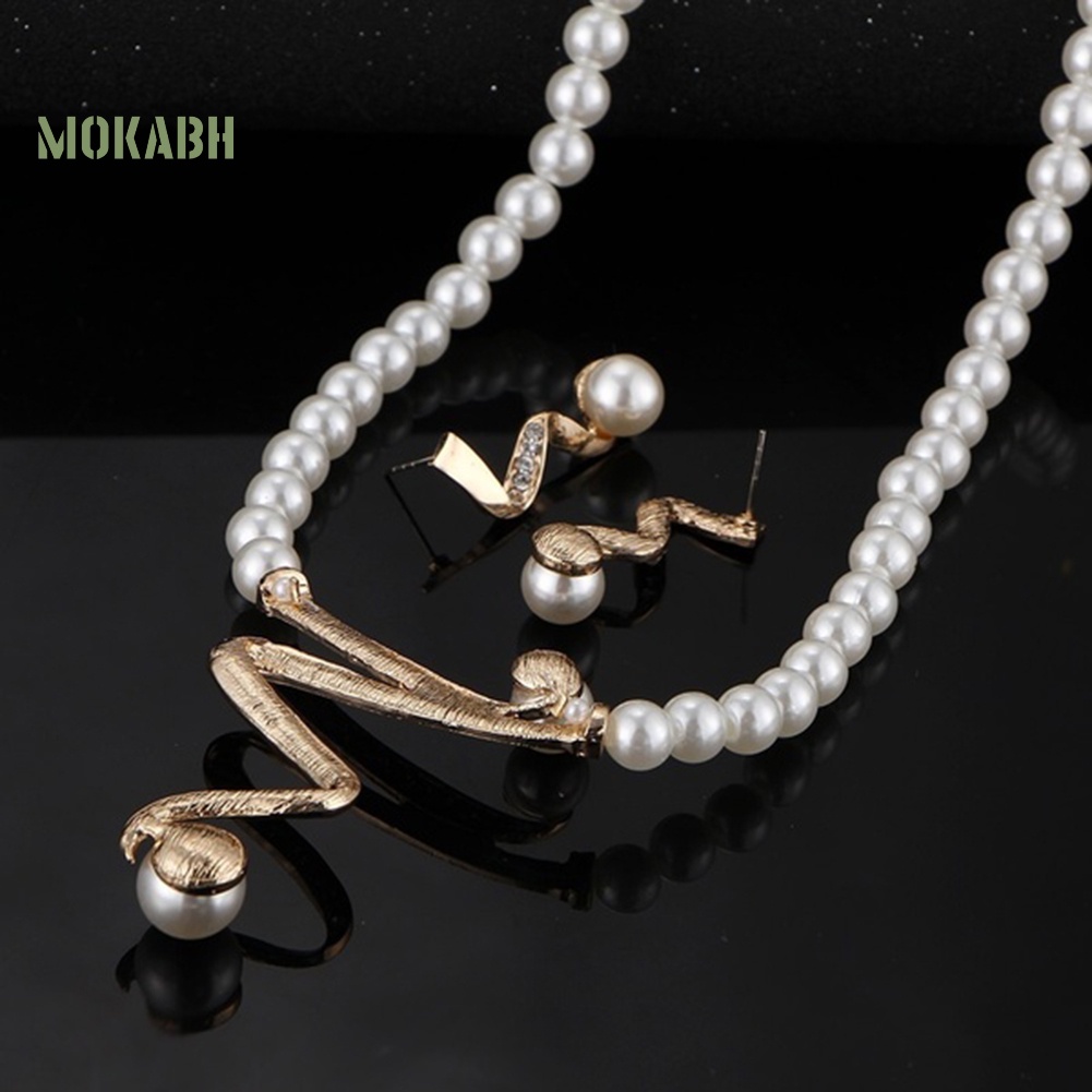 Bộ Vòng cổ + Bông Tai Đính Ngọc Trai Nhân Tạo &amp; Kim Cương Giả Cho Nữ