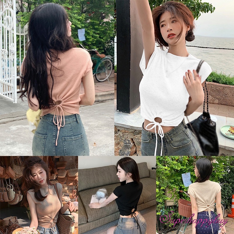 Áo Croptop Dệt Kim Tay Ngắn Màu Sắc Ngọt Ngào Thời Trang Cho Nữ