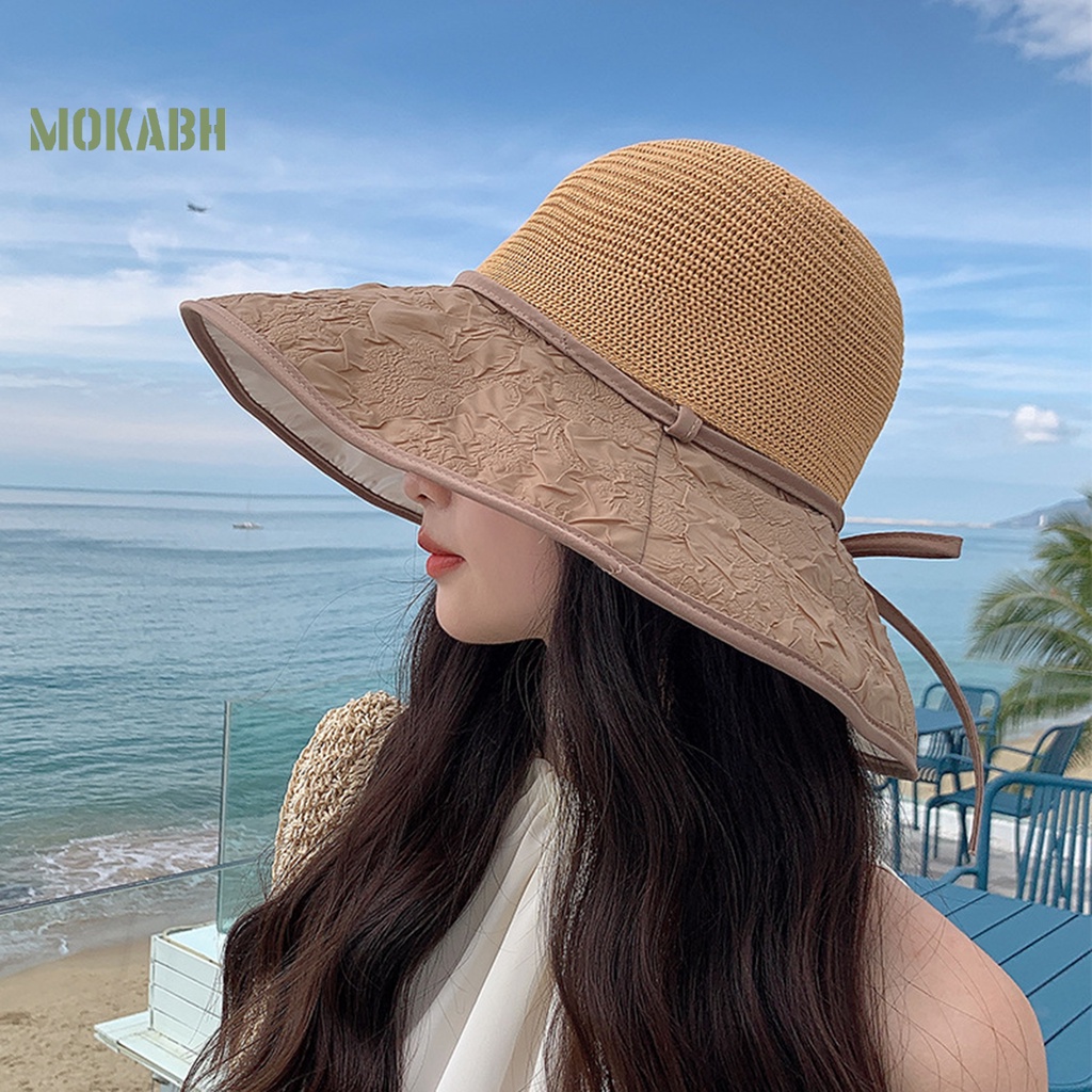 [Mok Abh] Mũ Ngư Dân Dệt Kim Vành Rộng Thắt Nơ Thoáng Khí Chống Nắng Đi Biển Mùa Hè Cho Nữ