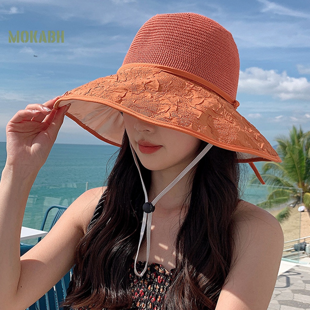[Mok Abh] Mũ Ngư Dân Dệt Kim Vành Rộng Thắt Nơ Thoáng Khí Chống Nắng Đi Biển Mùa Hè Cho Nữ