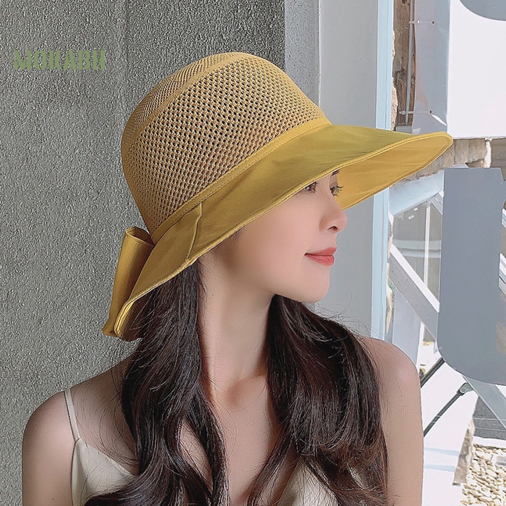 [Mok Abh] Mũ Tai Bèo Vành Rộng Thoáng Khí Thắt Nơ In Chữ Chống Nắng Sâu Trang Trí Dành Cho Bạn Nữ