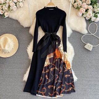 Đầm Chữ A Tay Dài Cổ Đứng Eo Cao In Họa Tiết Kiểu Vintage Thanh Lịch Thời Trang Xuân Thu Cho Bạn Gái
