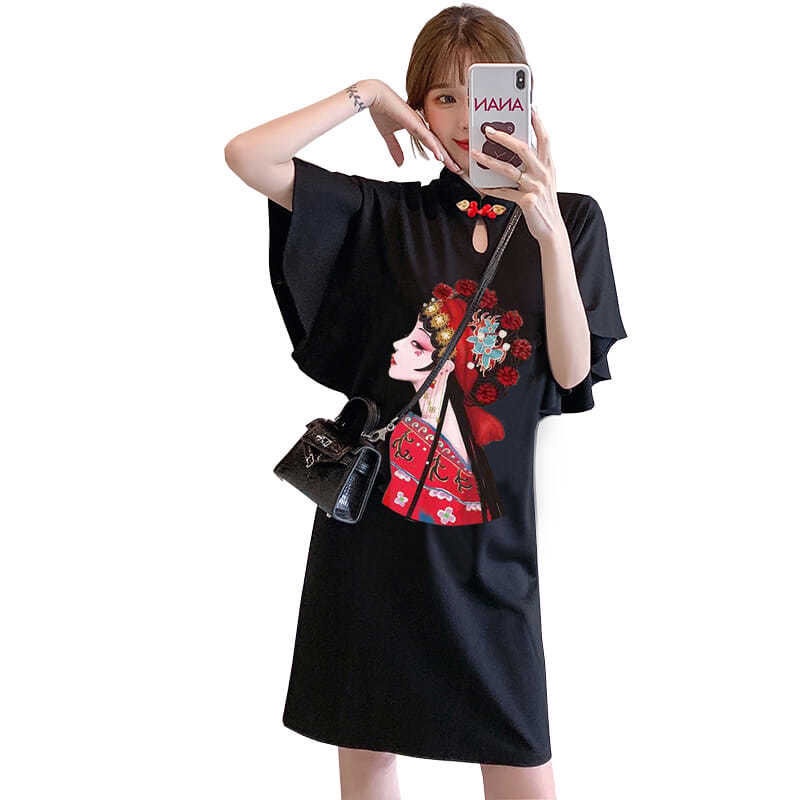 Đầm Sườn Xám Cách Tân Phối Bèo Lá Sen Cỡ Lớn 100Kg Kiểu Trung Hoa Dễ Thương Cho Nữ