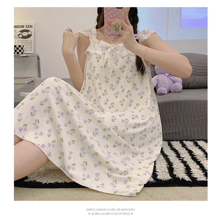 Đầm Ngủ Cotton Dệt Kim Phối Ren Có Đệm Ngực Phong Cách Công Chúa Ngọt Ngào Thời Trang Mùa Hè Kiểu Mới Dành Cho Nữ