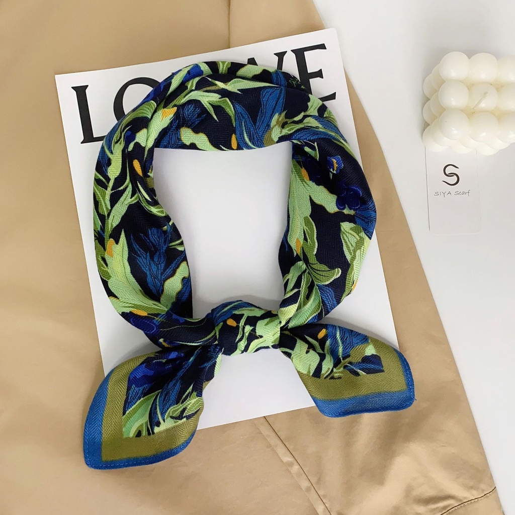 Khăn Quàng Cổ Nhỏ Bằng Lụa Cotton In Hoa Màu Xanh Lá Phong Cách Hàn Quốc Cổ Điển 68 * 68cm Dành Cho Nữ