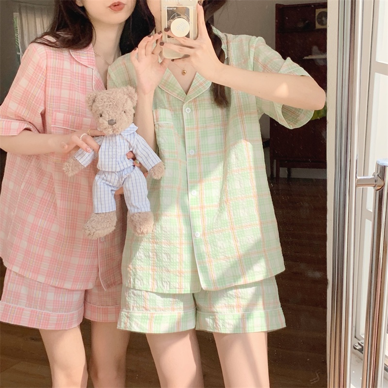 BN108_Bộ ngủ pijama ngắn tay kẻ caro bản to phong cách dễ thương | Hàng quảng châu loại 1