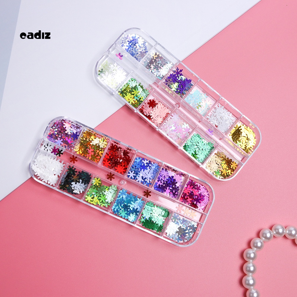 Hộp Kim Tuyến Hình Bông Tuyết 3D 12 Ngăn Nhiều Màu Sắc Trang Trí Móng Tay Nghệ Thuật Giáng Sinh