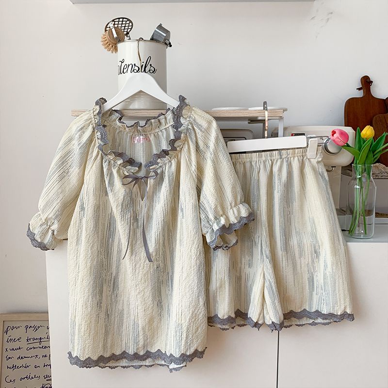 Bộ Đồ Ngủ Áo Tay Ngắn Phồng Cổ Tròn + Quần Short Vải Cotton Thời Trang Mùa Hè 2023 Mới Cho Nữ