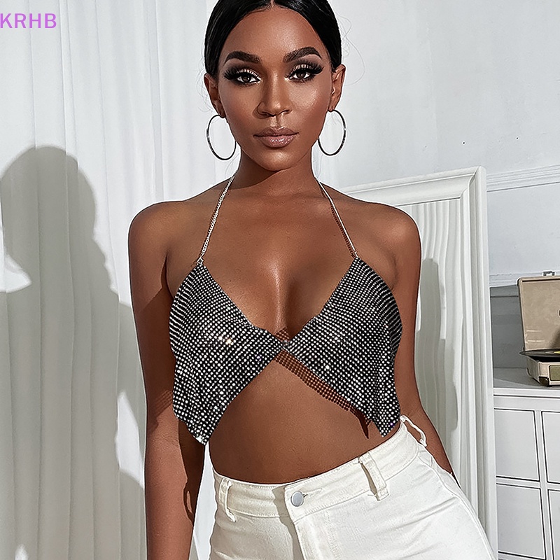 Áo Dây Xích Kim Loại Hở Lưng Khoét Sâu Chữ V Đính Đá Pha Lê Quyến Rũ Cho Nữ Mới