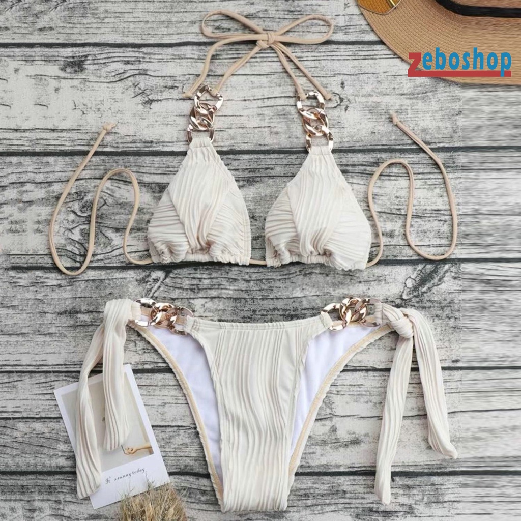 Bộ Bikini 2 Mảnh Dây Xích Nối Hình Tam Giác Lưng Cao Có Thể Điều Chỉnh Cho Nữ