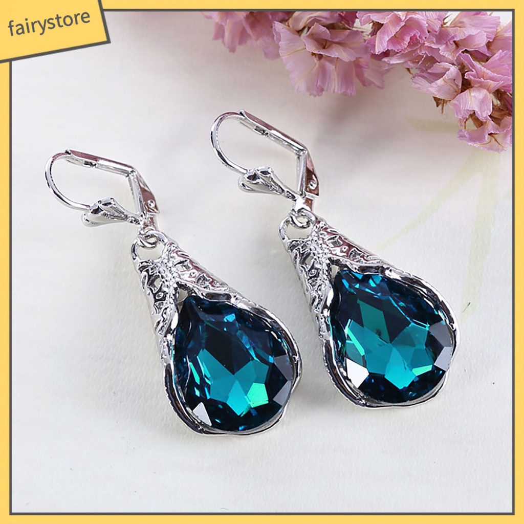 1 Cặp Bông Tai Đính Đá Hình Giọt Nước Màu Xanh Lá Phong Cách Retro