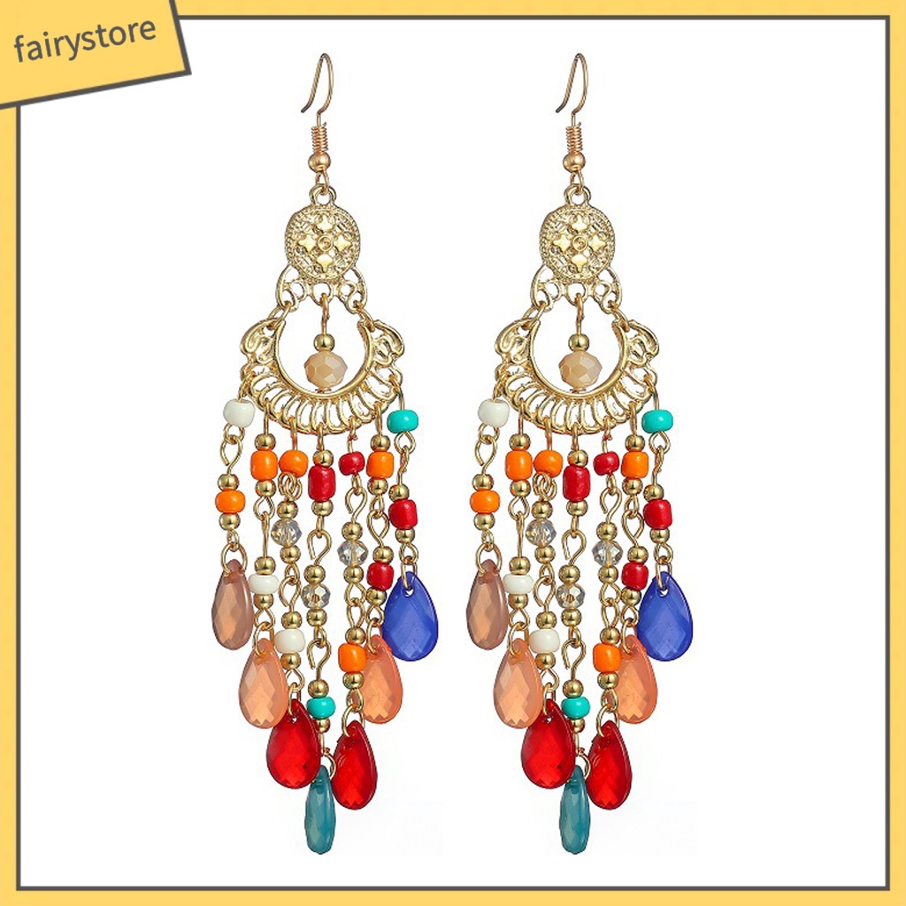 1 Đôi Bông Tai Dáng Dài Đính Hạt Phong Cách Bohemia Thời Trang Cao Cấp