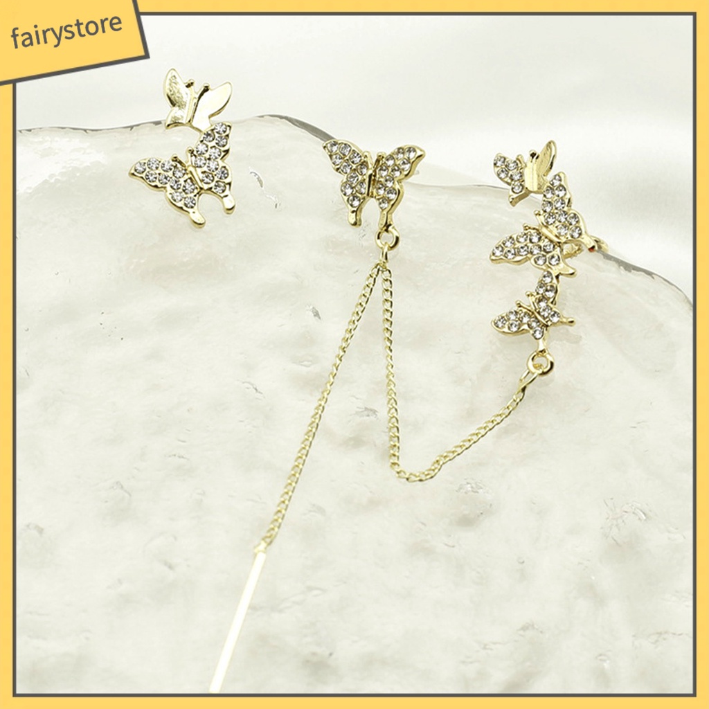 Bông Tai Dạng Kẹp Hình Bướm Không Đối Xứng Phối Tua Rua Thời Trang Cho Nữ