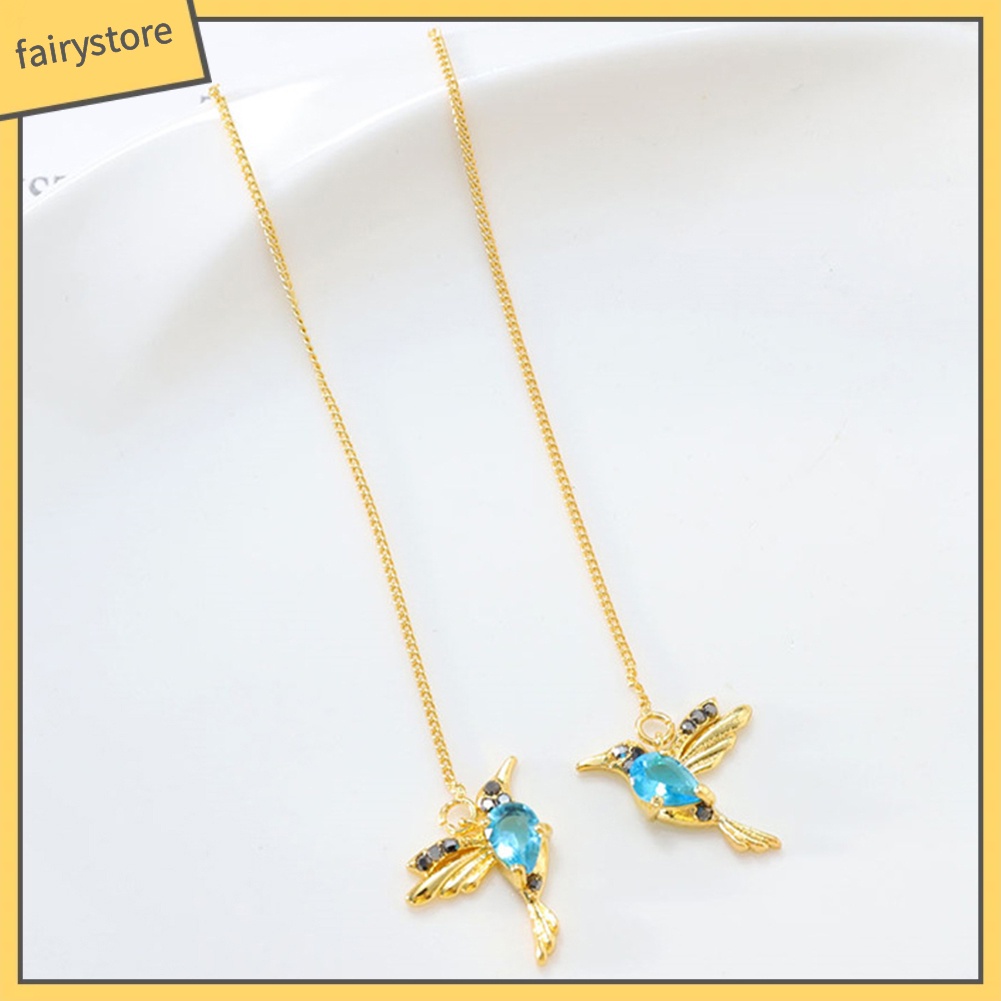 Bông Tai Dáng Dài Hình Chim Ruồi Đính Đá Phối Tua Rua Thời Trang Cho Nữ