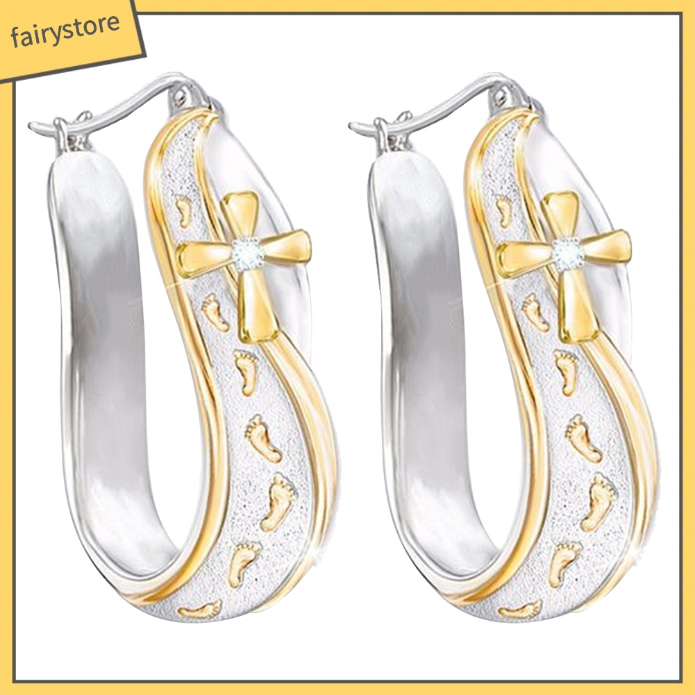 [FRO] Khuyên Tai Vòng Đính Đá Hình Dấu Chân Chữ Thập Hai Màu Thời Trang Cho Nữ