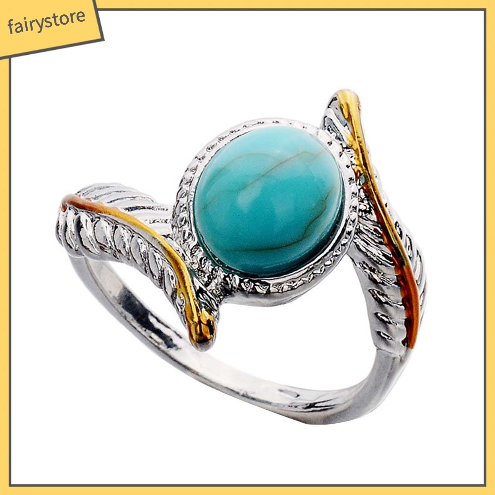 Nhẫn Đính Hôn Hai Tông Màu Đính Đá Ngọc Lam Giả Phong Cách Vintage Dành Cho Nữ