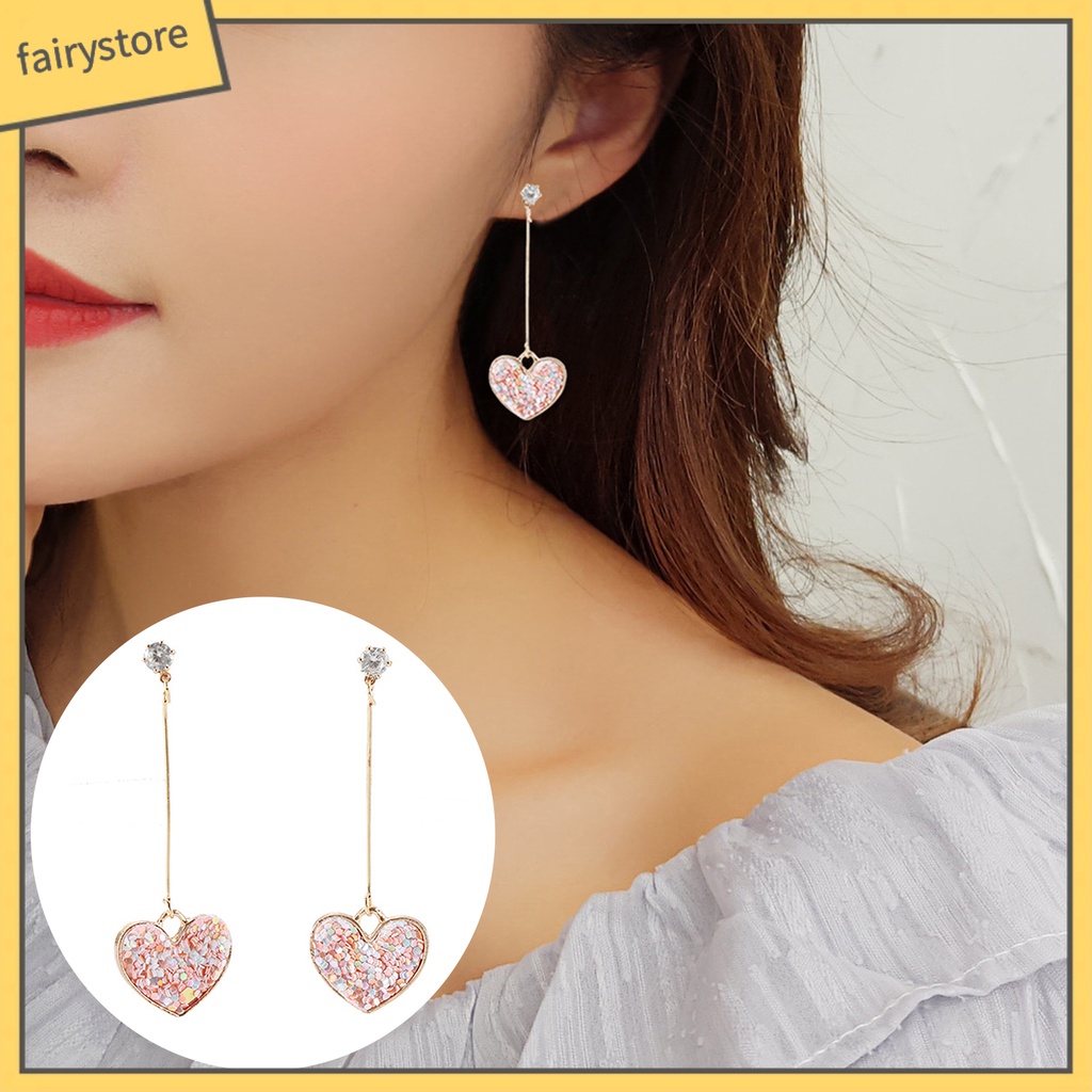 1 Đôi Bông Tai Dài Hình Trái Tim Đính Đá Zircon Bằng Hợp Kim Dành Cho Ngày Valentine
