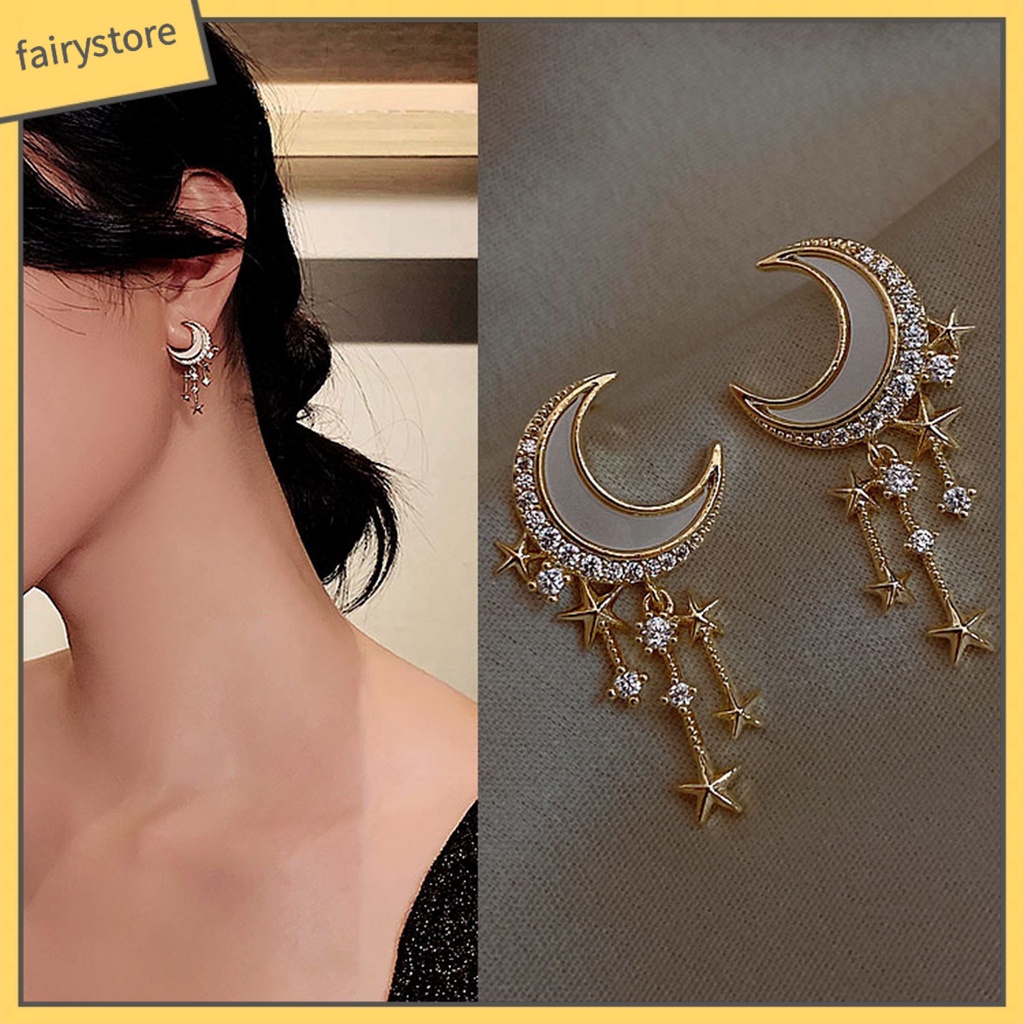 1 Đôi Bông Tai Hình Mặt Trăng Và Ngôi Sao Đính Đá Lấp Lánh Dành Cho Nữ