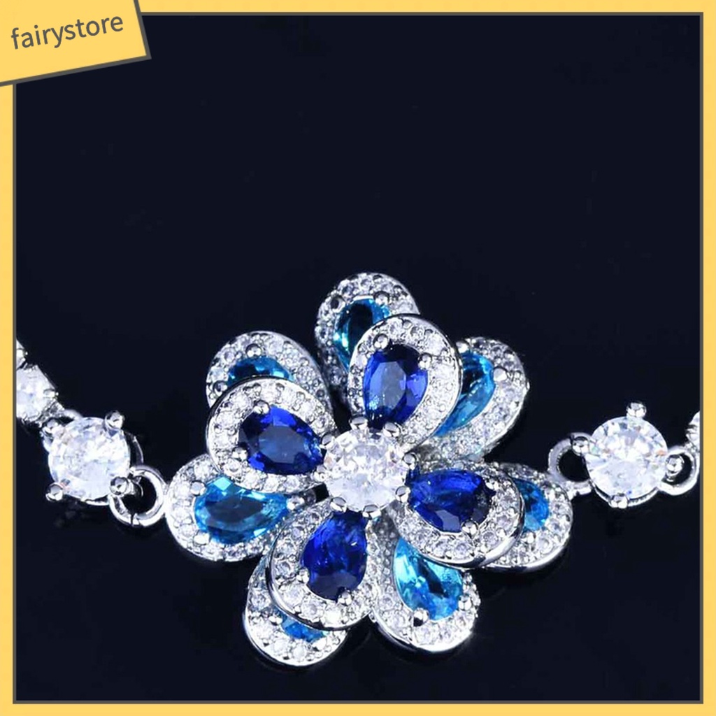 [FRO] Trang Sức Gồm Nhẫn / Bông Tai / Vòng Tay Đính Đá Zircon Hình Hoa Trà Nhiều Màu Lấp Lánh Cho