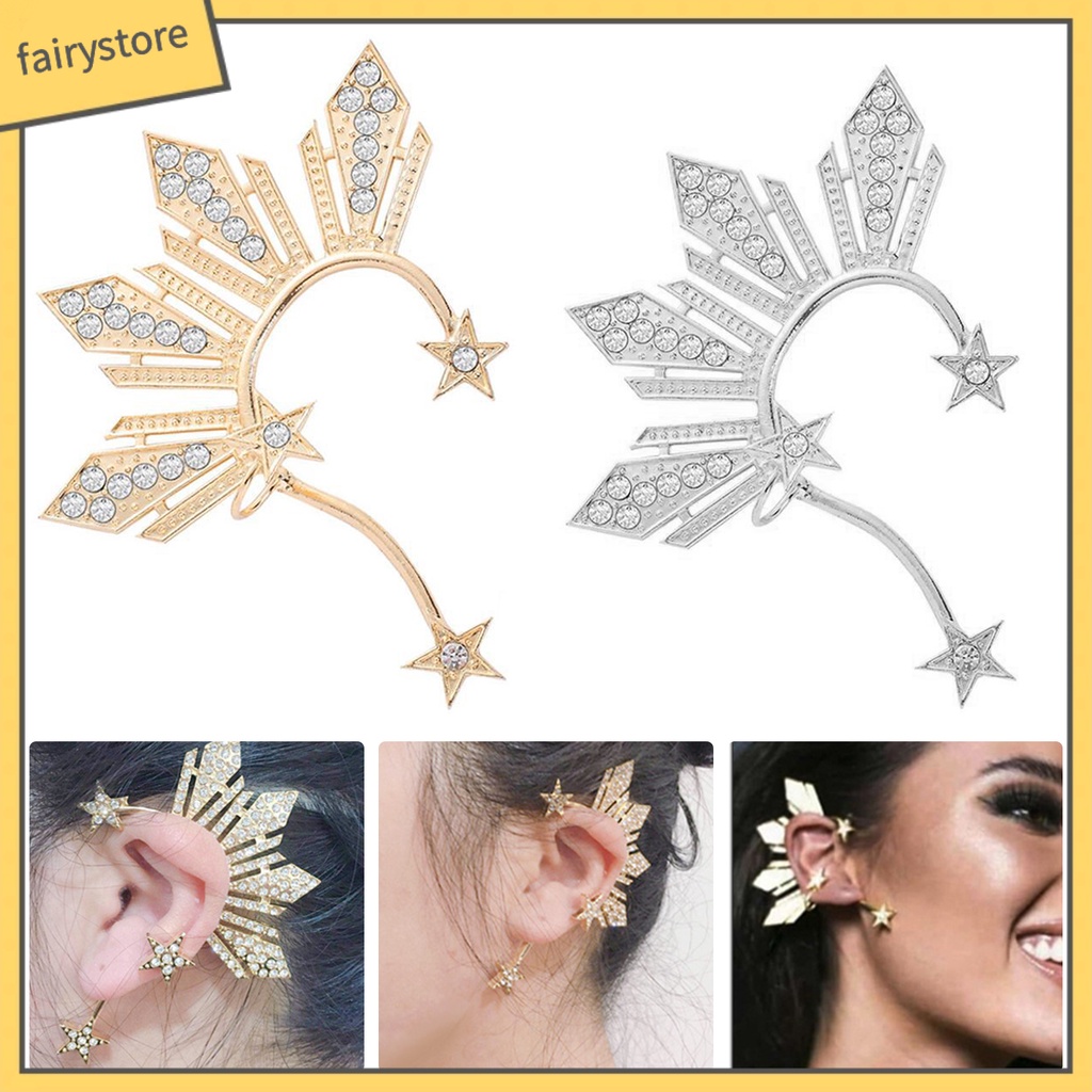 1 Khuyên Kẹp Vành Tai Không Xỏ Lỗ Hình Quạt / Ngôi Sao Đính Pha Lê Lấp Lánh Thời Trang Dự Tiệc Cho Nữ