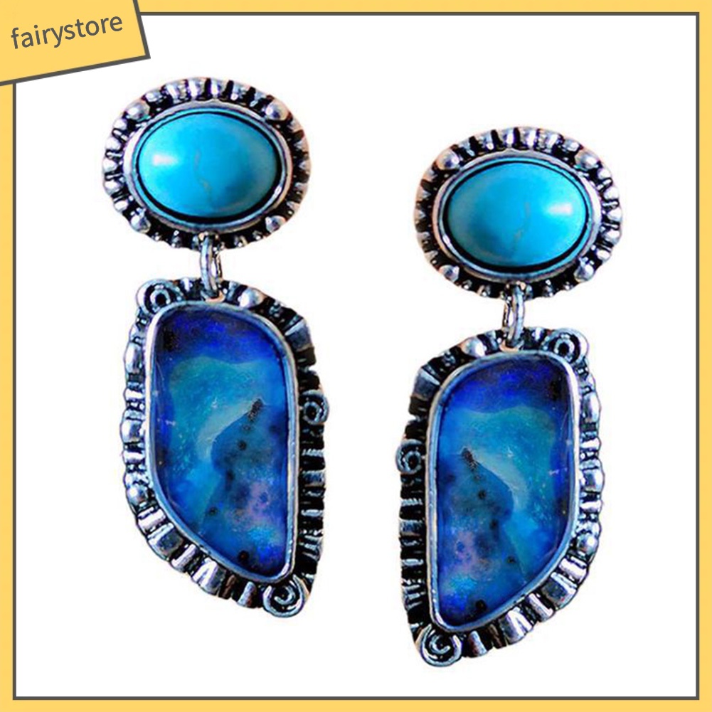 Bông Tai Dáng Dài Đính Đá Ngọc Lam Giả Phong Cách Vintage Thời Trang Cho Nữ