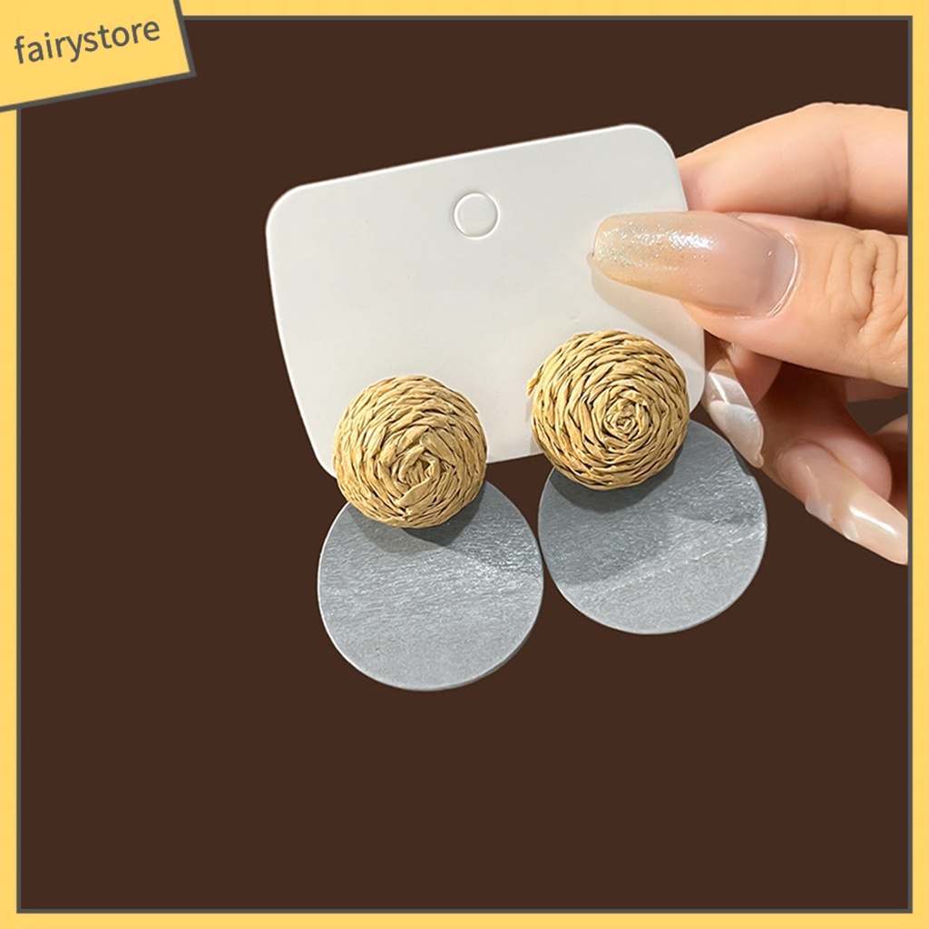 [FRO] 1 Đôi Bông Tai Xỏ Lỗ Bằng Gỗ Rơm Đan Kiểu Retro Mộc Mạc Đơn Giản Cho Nữ