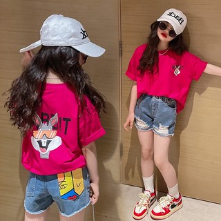 Áo thun 100% cotton in hình tay ngắn cổ tròn dáng rộng thời trang trẻ em 2-14 tuổi