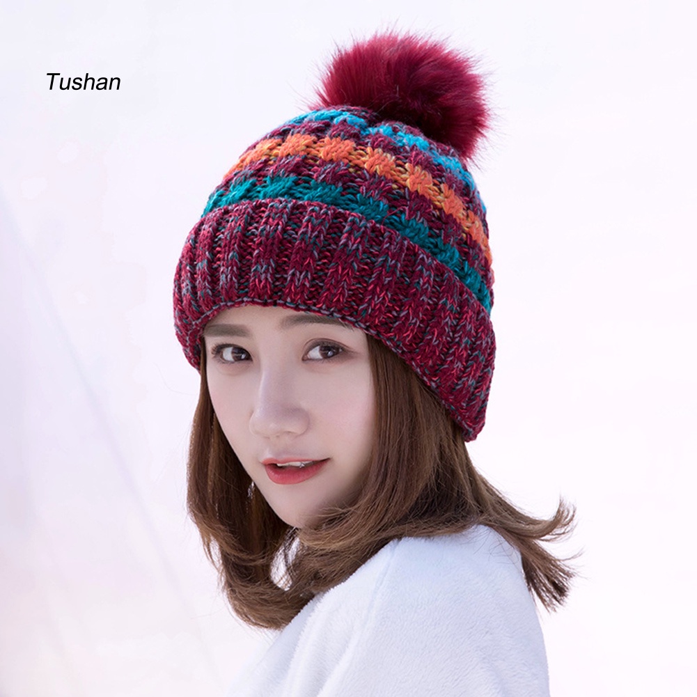Mũ Len Beanie Đính Quả Bông Nhiều Màu Thời Trang Thu Đông Cho Nữ