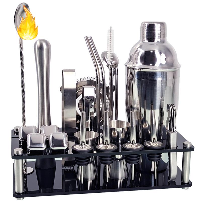 Bộ 23 Món Dụng Cụ Làm Cocktail Bằng Thép Không Gỉ Có Giá Đỡ Bằng Acrylic Cho Bartender