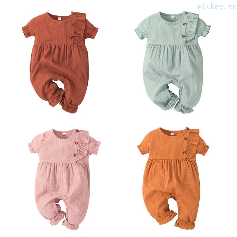 Bộ Áo Liền Quần Bằng Cotton Tay Ngắn Màu Trơn Thời Trang Dành Cho Bé Gái