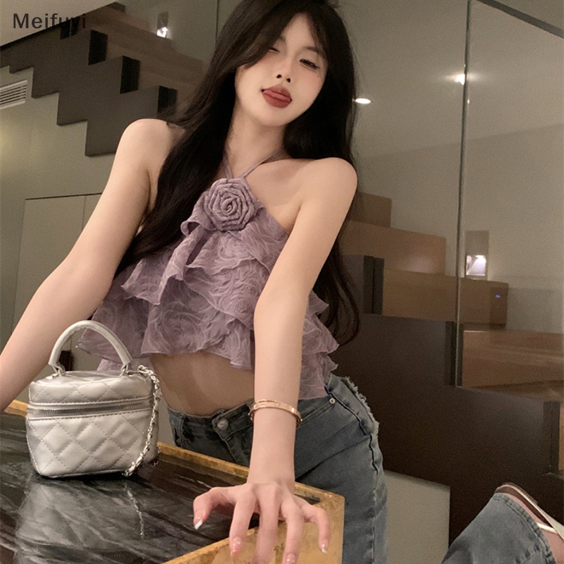 [Meifuyi] Áo Crop Top Dáng Ôm Ghép Vải Hoa Hồng Xếp Nếp Không Đối Xứng