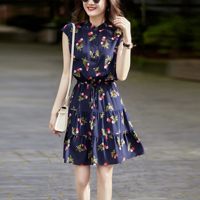 Đầm Chiffon Mỏng Chiết Eo In Họa Tiết Quả Cherry Thời Trang Mùa Hè 2023 Phong Cách Pháp Cho Nữ