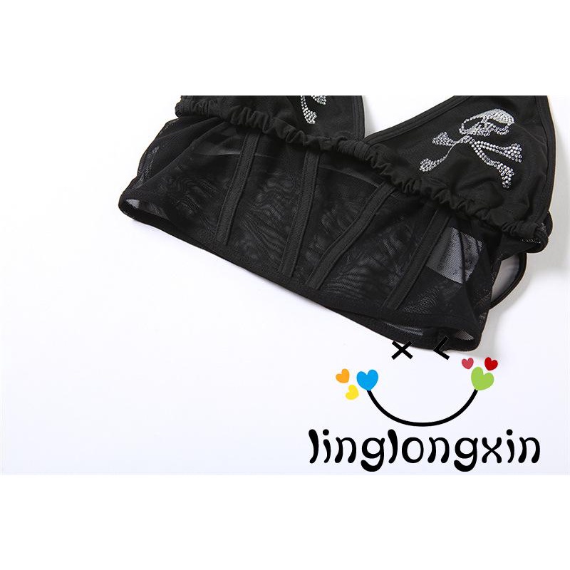 Áo Crop Top Lưới Xuyên Thấu In Hình Đầu Lâu ZXY68