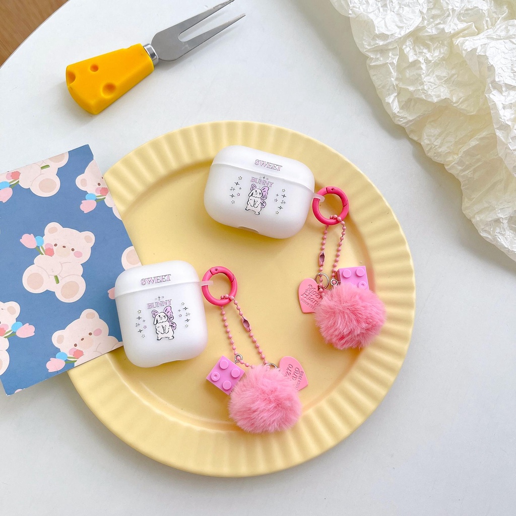 Vỏ Bảo Vệ Hộp Sạc Tai nghe không dây AirPods 1 2 3 Gen Pro2 2022 Bằng TPU Silicone Mềm Trong Suốt Hình Thỏ Phối Banh Lông Màu Hồng